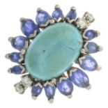 A turquoise, sapphire and diamond ring.Estimated total diamond weight 0.20ct,