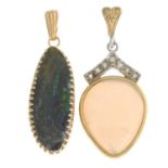 A 9ct gold opal and diamond pendant,