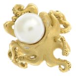 A cultured pearl and diamond octopus ring,