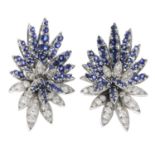 A pair of 1980s 18ct gold sapphire and diamond floral earrings.Estimated total diamond weight