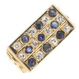 A mid 20th century 14ct gold sapphire and diamond dress ring.Estimated total diamond weight 0.30ct,