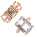 A 9ct gold morganite three-stone ring together with a kunzite single-stone ring.The first with