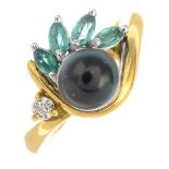 An 18ct gold emerald, cultured pearl and diamond dress ring.