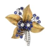 A mid 20th century sapphire and diamond foliate brooch.