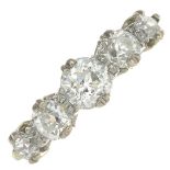 A mid 20th century 22ct gold diamond five-stone ring.Estimated total diamond weight 1.40cts,