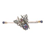 A late 19th century gold gem-set butterfly brooch.Gems include diamond,