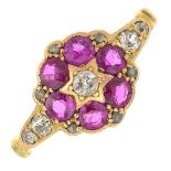 An early 20th century gold synthetic ruby and diamond ring.Estimated total diamond weight 0.15ct,