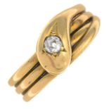 An early 20th century 18ct gold old-cut diamond accent snake ring.