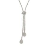 A diamond lariat necklace.Estimated total diamond weight 12.50 to 13cts.Stamped 18K.Approximate