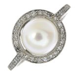 A cultured pearl and diamond ring.Estimated total diamond weight 0.15ct.