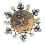 A late Victorian gold diamond and seed pearl brooch.Estimated old-cut diamond weight 1ct,