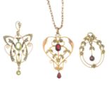 Three early 20th century 9ct gold split pearl and gem-set pendants,