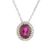 A ruby and diamond cluster pendant, suspended from a chain.Ruby weight 0.36ct.