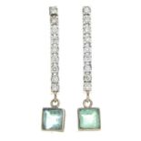 A pair of emerald and diamond drop earrings.Estimated total diamond weight 0.35ct.Stamped