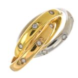 An 18ct gold tri-colour diamond interlocking band ring.Estimated total diamond weight