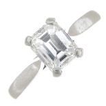 A platinum rectangular-cut diamond single-stone ring.With report 2209758942,