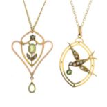 Two early 20th century 9ct gold peridot and split pearl pendants,