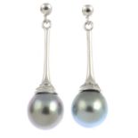 A pair of cultured pearl and diamond earrings.Estimated total diamond weight 0.10ct.Cultured pearls
