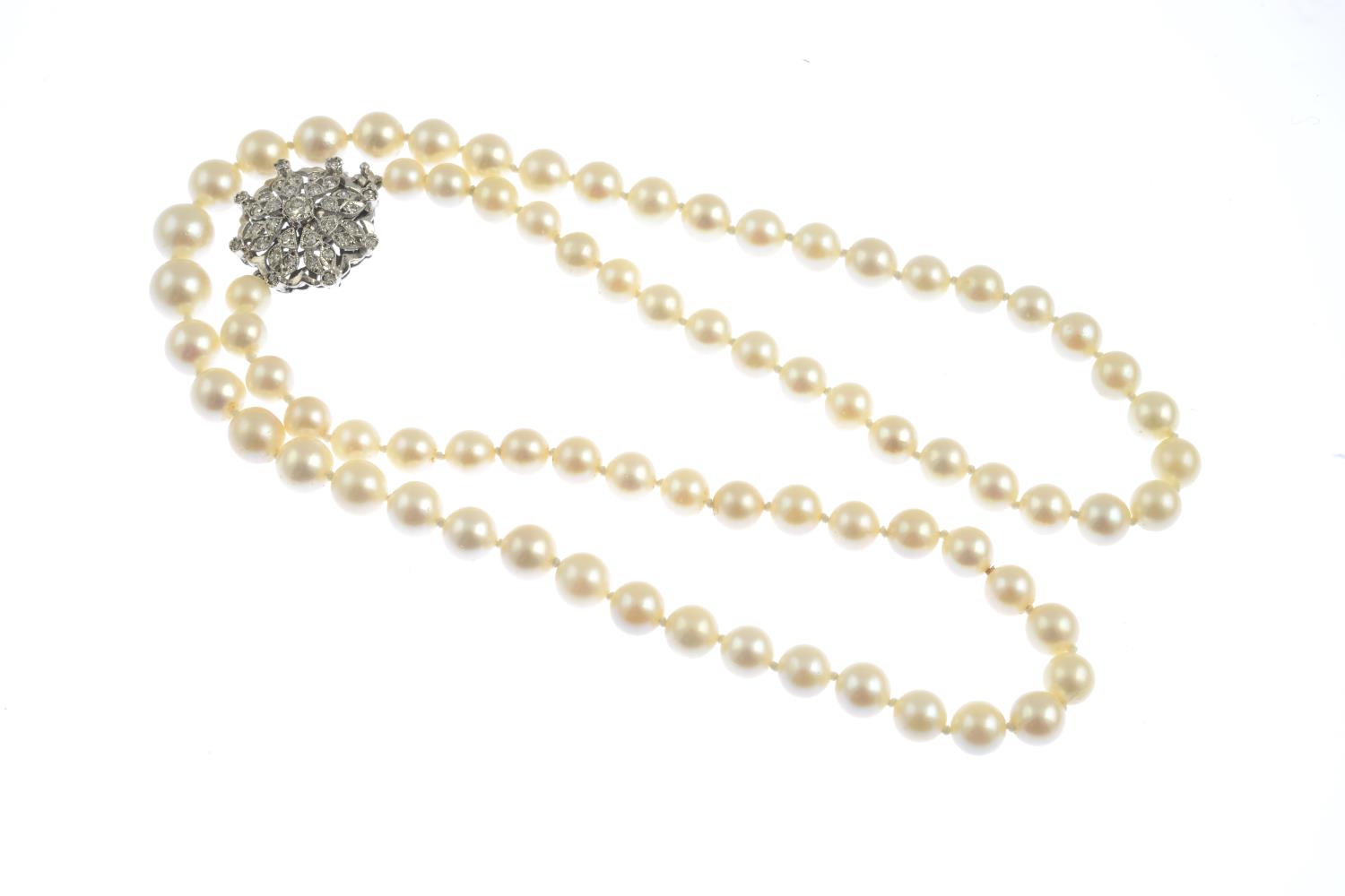 A cultured pearl necklace with diamond clasp.Approximate diameter of cultured pearls 7 to 9.5mms. - Image 2 of 2