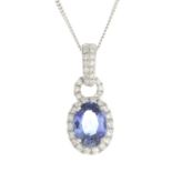 A sapphire and diamond cluster pendant, with chain.Sapphire weight 1.17ct.