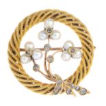 A late 19th century Austrian 18ct gold seed pearl and rose-cut diamond floral wreath brooch.