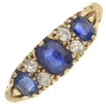 A late Victorian 18ct gold sapphire and diamond ring.Estimated total diamond weight