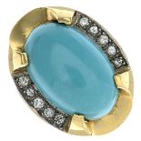 A turquoise and diamond dress ring.Turquoise calculated weight 11.96cts,