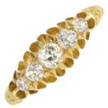 An Edwardian 18ct gold diamond five-stone ring.Estimated total diamond weight 0.30ct.Hallmarks for