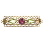 A late 19th century 15ct gold tourmaline and peridot brooch.Tourmaline calculated weight 1.32cts,