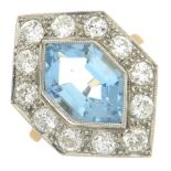 An aquamarine and diamond dress ring.Aquamarine calculated weight 3.74cts,