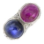 A sapphire and ruby cabochon dress ring,