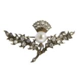 A diamond and cultured pearl thistle brooch.Estimated total diamond weight 0.35ct.Length 4cms.