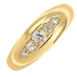 An Edwardian 18ct gold diamond five-stone ring.Estimated total diamond weight 0.20ct,