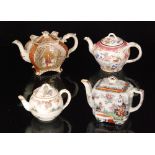 Four assorted teapots comprising a late 19th Century example decorated in the Aesthetic style with