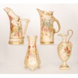 Four pieces of Royal Worcester blush ivory comprising a shape 1116 'stag horn' ewer decorated with