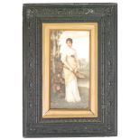 A framed rectangular hand painted panel decorated by Bessie Gibson with a lady stood beside a tree