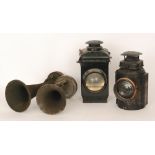 A railway black painted Adlake non sweating signal lamp with bulls eye lens,