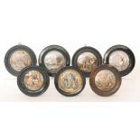 Seven assorted 19th Century Staffordshire pot lids comprising A Pair, I See You My Boy,