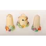 A 1930s Clarice Cliff My Garden cruet set of conical form with relief moulded floral bases picked