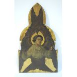 A 19th Century ecclesiastical copper panel of a winged angel laid on a gothic shaped wooden board,