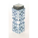 A St Ives Troika Pottery vase of square form with blue decoration over a tin glazed ground,