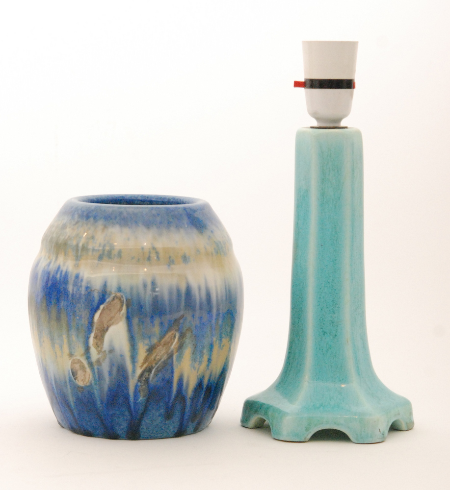 Two pieces of Ruskin Pottery comprising a crystalline glaze vase of ovoid form with a banded neck,