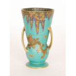 A 1930s Crown Devon Art Deco Mattajade vase of conical form with two gilt wrythen handles,