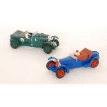 A Scalextric 4.2 litre green Bentley racing car and a similar blue Alfa Romeo model.