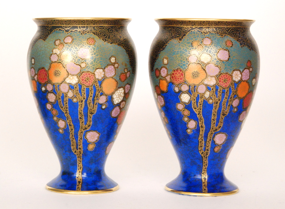 A pair of 1930s Crown Devon Art Deco vases each of swollen footed form decorated in pattern 2073