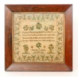 A mid 19th Century rosewood framed needlework sampler worked by Martha Coates and dated 1843,