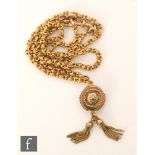 A 19th Century 15ct fancy belcher and double shot chain with a yellow, metal suspended fob,