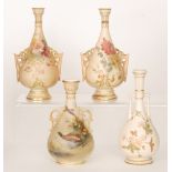 Three pieces of Royal Worcester blush ivory comprising a matched pair of shape 982 vases decorated