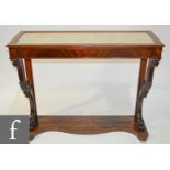 A 19th Century mahogany console table with white marble inset rectangular top on twin scroll