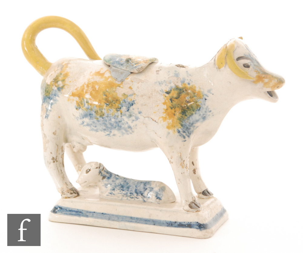 An early 19th Century Prattware cow creamer and cover with recumbent calf beneath, - Image 2 of 2